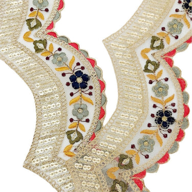 9 Yards Scallop Sequin Floral Border, Beige Shimmer Tissue Fabric Lace Trim Flowers Embroidery, Floral Sari Trimming